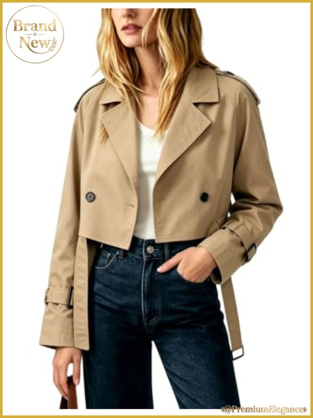 Cropped Trench Coat Women Double Breasted Short Jacket Lapel Belted